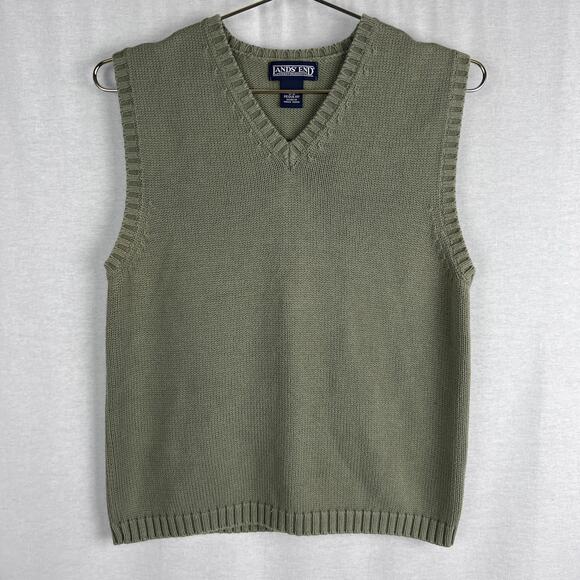 Vintage Lands End Sweater Vest Green V-Neck Cotton Grandpa Cabincore Preppy Cozy - Picture 1 of 4